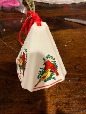 Ceramic Cardinal and Goldfinch Bell Ornament - White